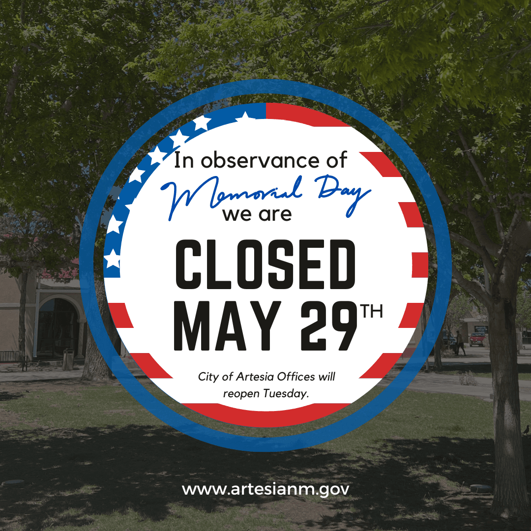 Image showing City Hall in background and US Flag like circle stating City offices closed May 29