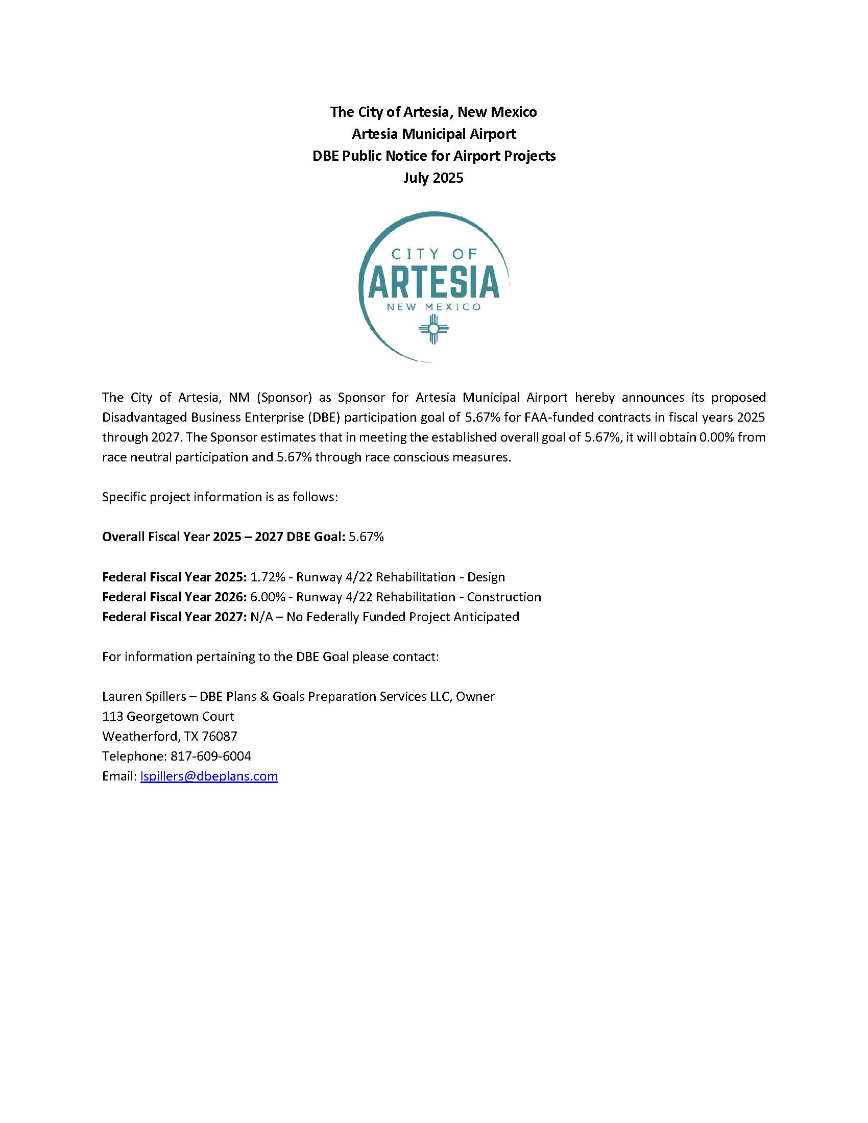 Artesia Municipal Airport, Artesia, NM FY25-27 DBE Goal Public Notice