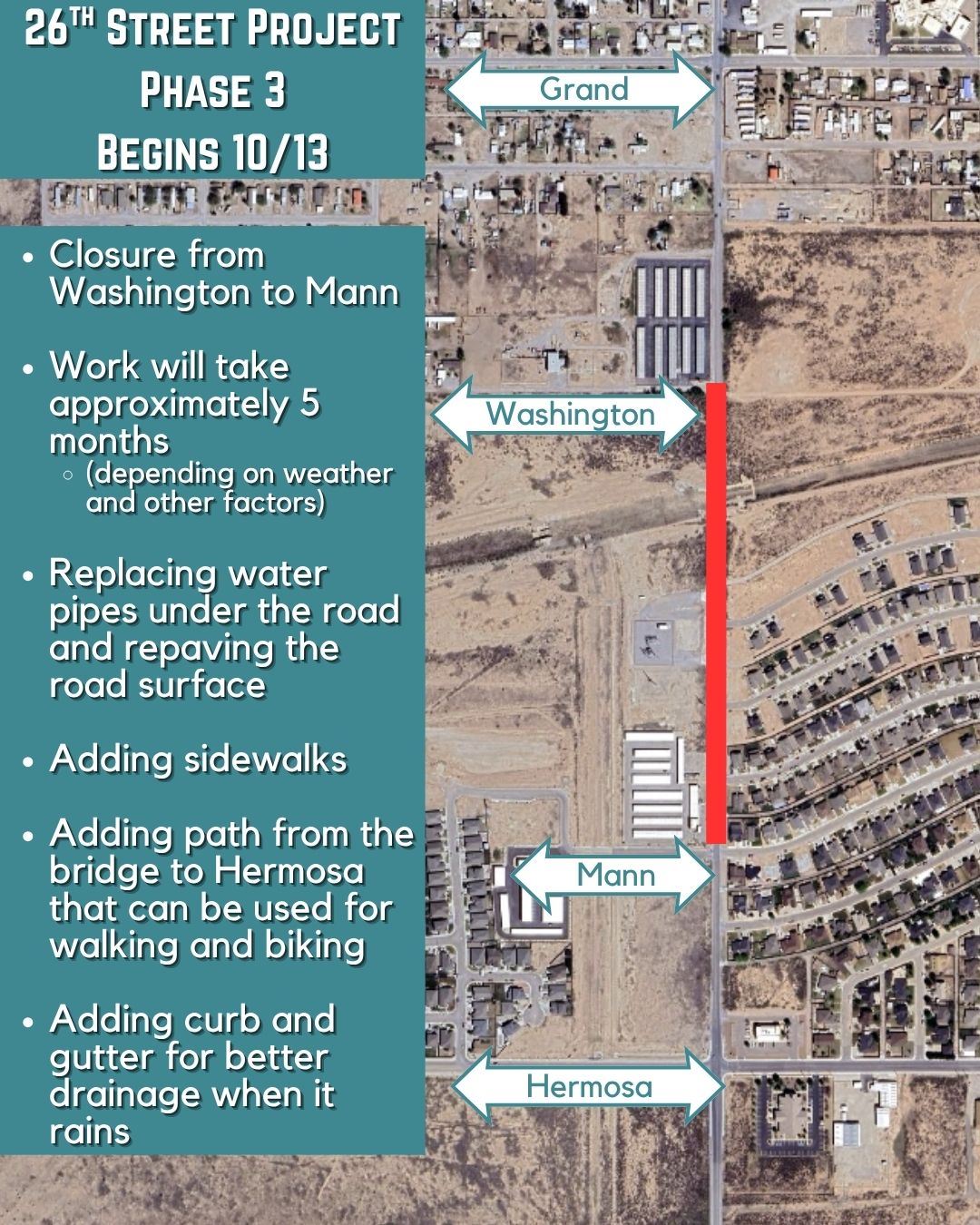 A graphic showing that 26th will be closed from Washington to Mann during phase 3