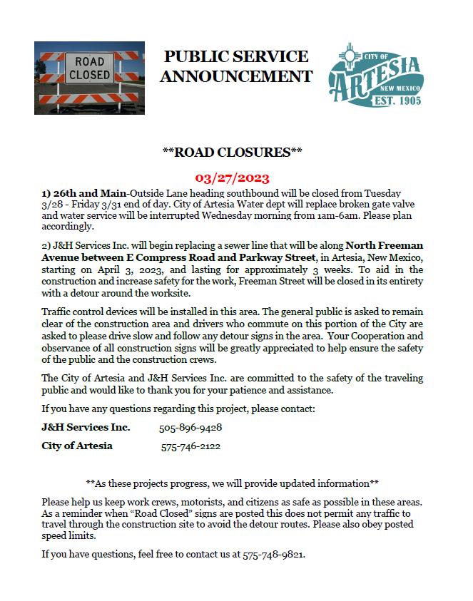 PSA Road Closures 3-27-2023