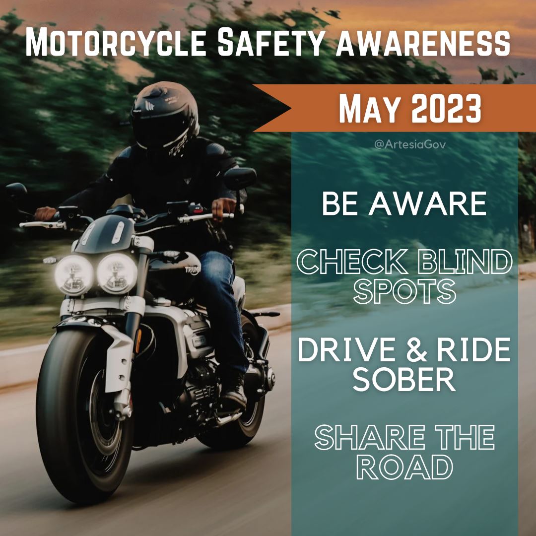 Motorcycle Safety Awareness Month May 2023 Be aware check blind spots drive & ride sober share road