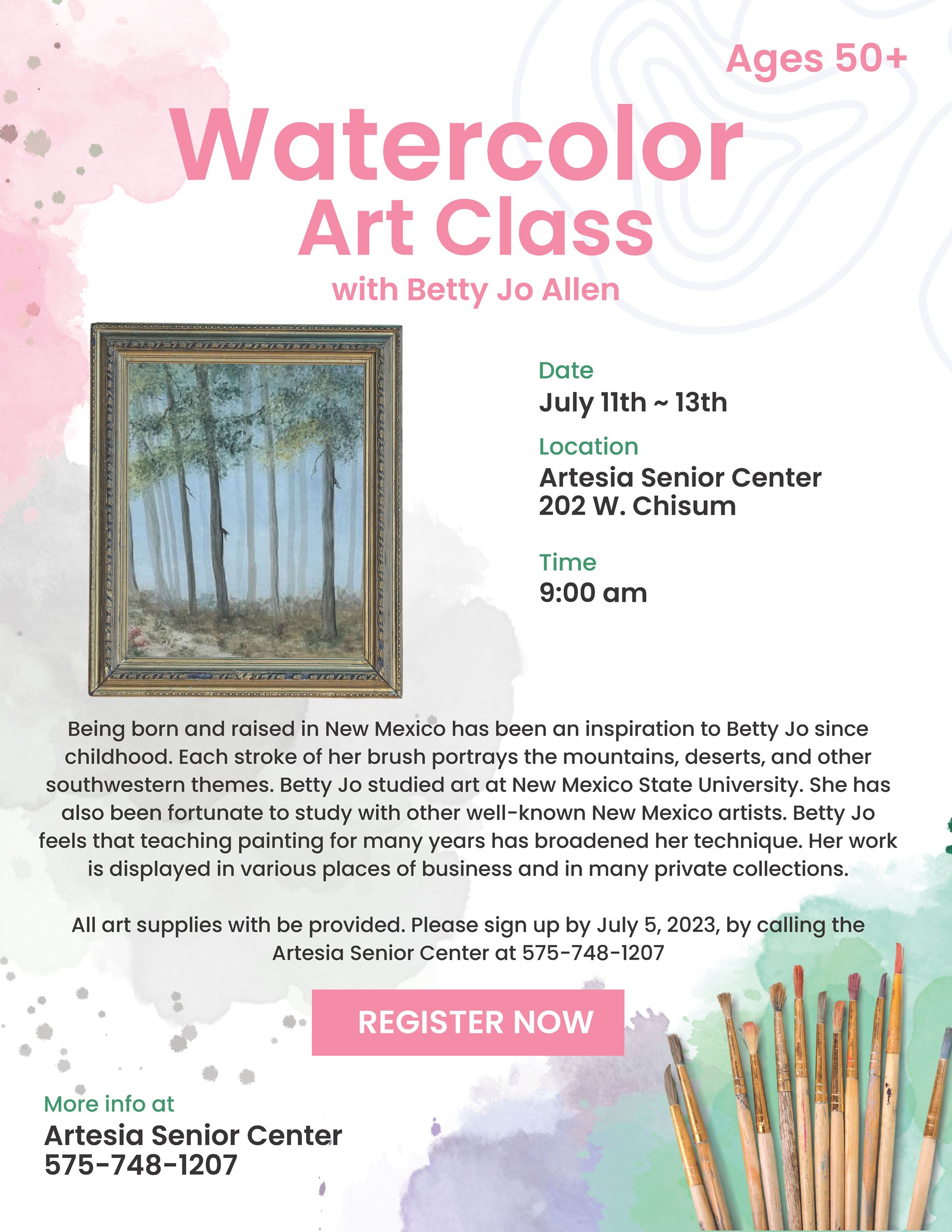Water Color Painting Class details as in text with splashes of pink and green and framed tree art