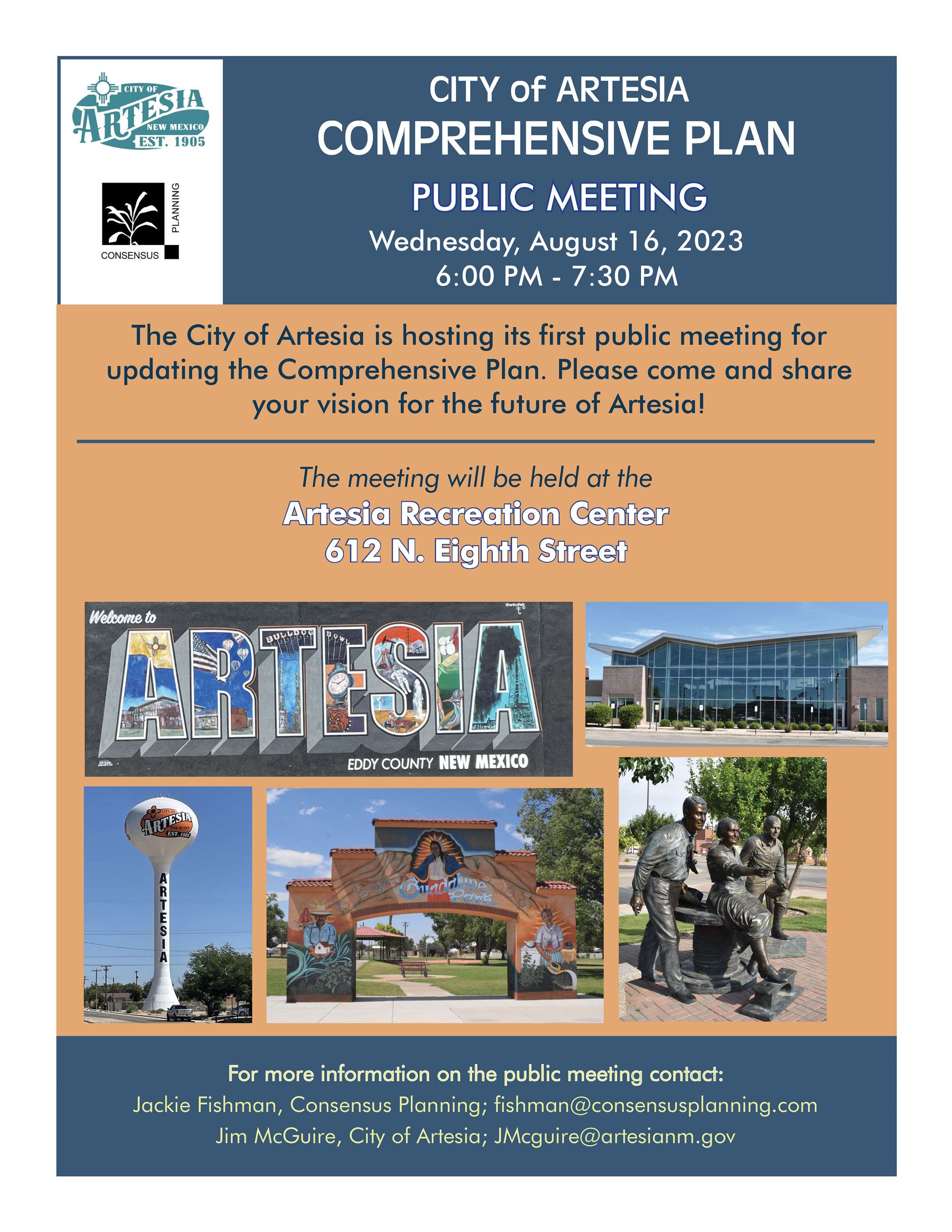Flyer showing meeting details and pictures of local murals and parks